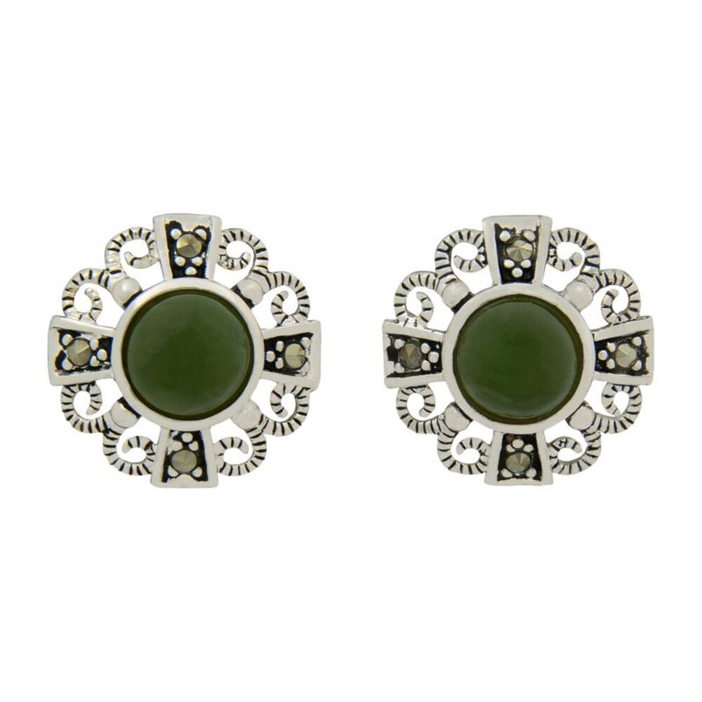 Vintage Style Genuine Thai Jade Post Earrings Silver Tone Filigree Design